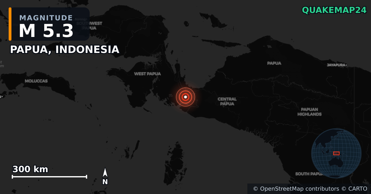 M5.3 earthquake near PAPUA, INDONESIA on Apr 2, 2026 — map of epicenter and shaking intensity | QuakeMap24