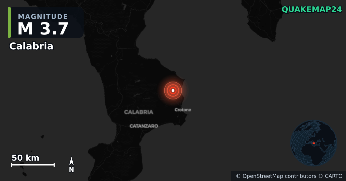M3.7 earthquake near Calabria on Jan 4, 2026 — map of epicenter and shaking intensity | QuakeMap24