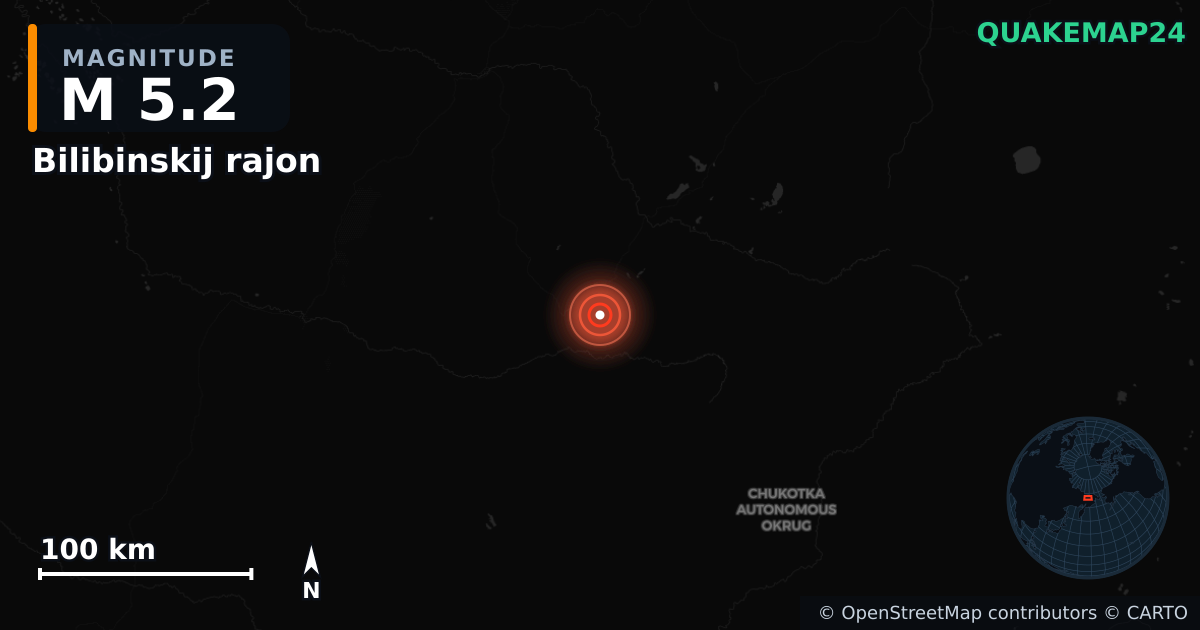 M5.2 earthquake near Bilibinskij rajon on Feb 22, 2026 — map of epicenter and shaking intensity | QuakeMap24