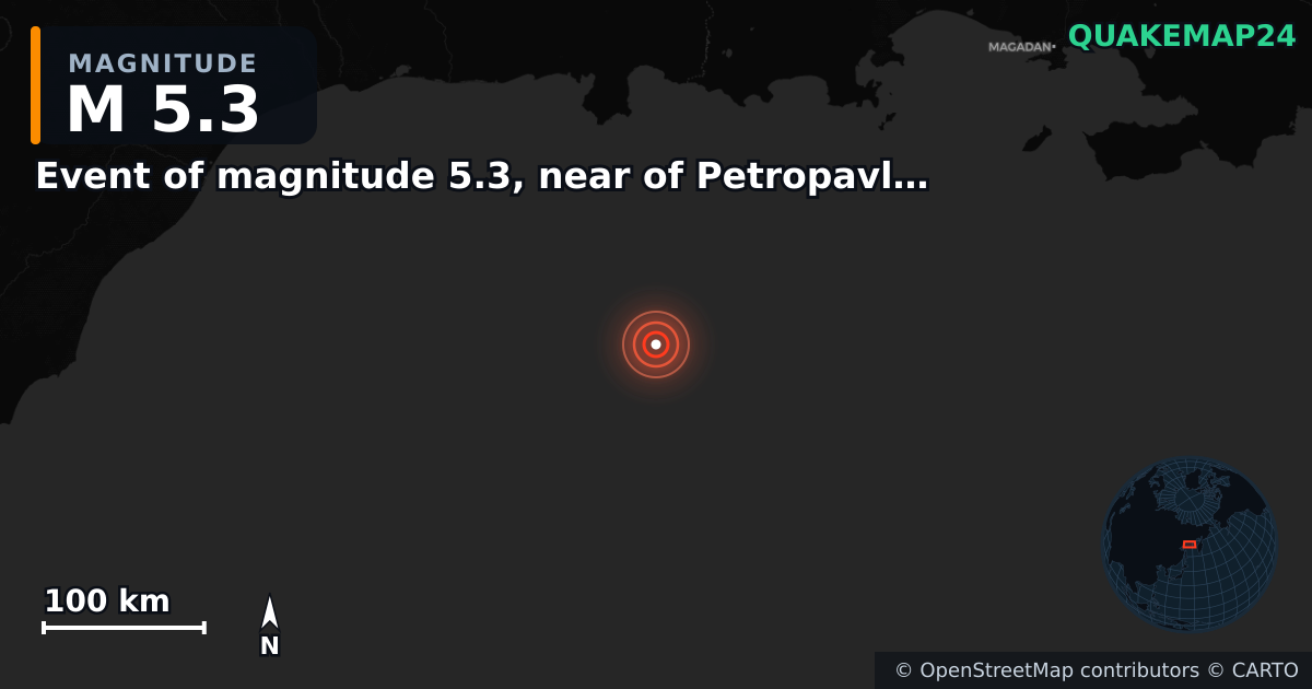 Erdbeben M5,3 bei Event of magnitude 5.3, near of Petropavlovsk Kamchatskiy (Monde) — Karte der Lage des Epizentrums