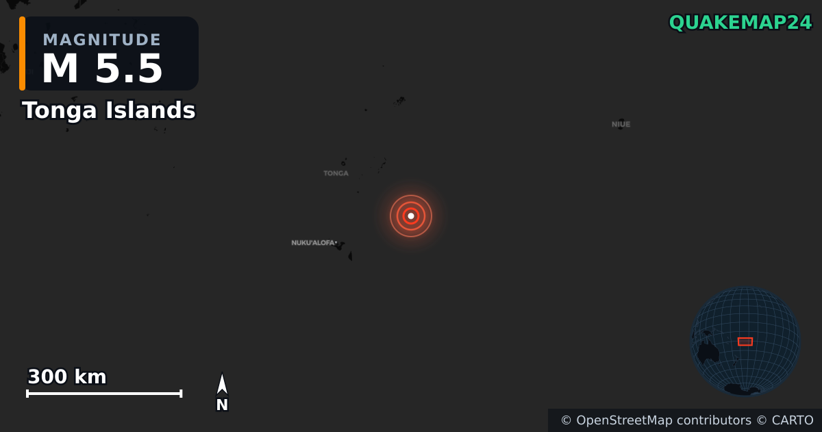 M5.5 earthquake near Tonga Islands on May 11, 2025 — map of epicenter and shaking intensity | QuakeMap24