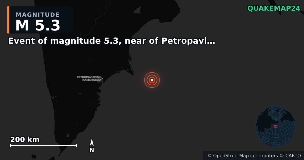 M5.3 earthquake near Event of magnitude 5.3, near of Petropavlovsk Kamchatskiy (Monde) on Sep 18, 2025 — map of epicenter and shaking intensity | QuakeMap24