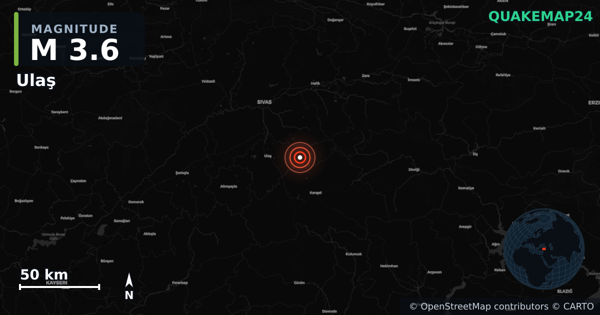 M3.6 earthquake near Ulaş on Jun 26, 2025 — map of epicenter and shaking intensity | QuakeMap24