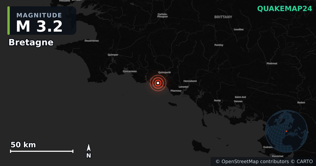 M3.2 earthquake near Bretagne on Jul 30, 2025 — map of epicenter and shaking intensity | QuakeMap24