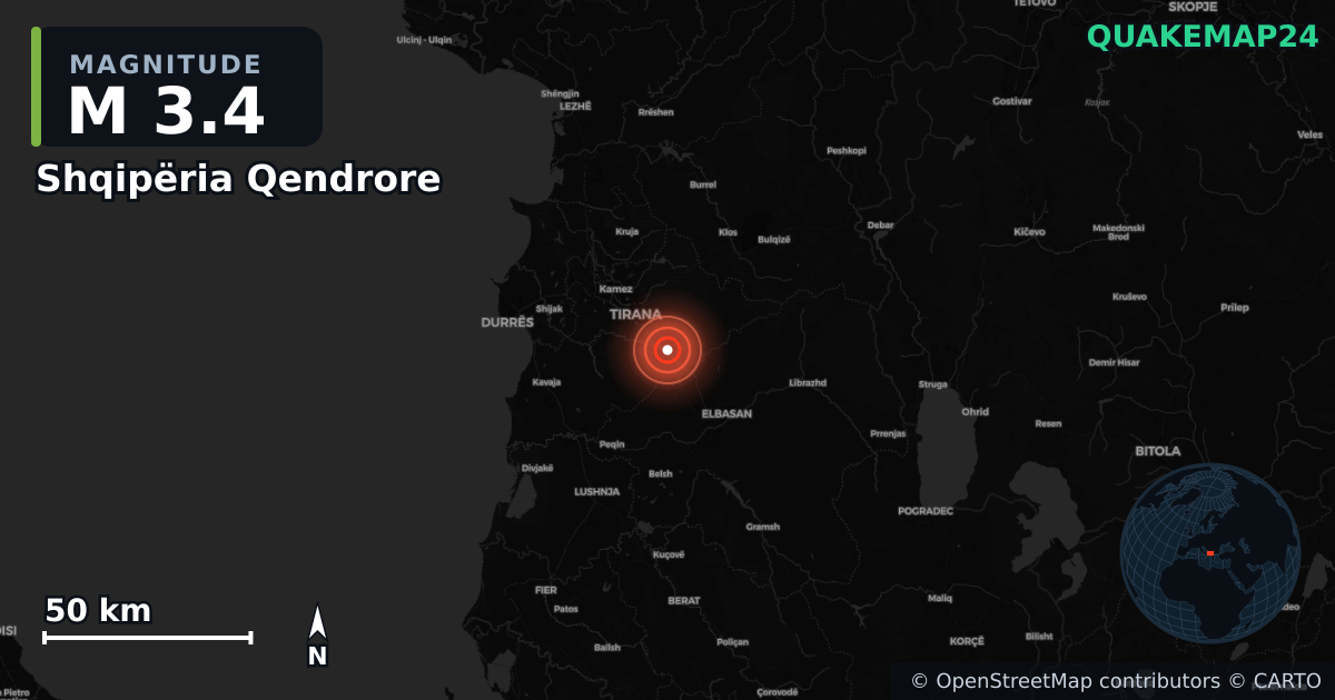 M3.4 earthquake near Shqipëria Qendrore on Oct 29, 2025 — map of epicenter and shaking intensity | QuakeMap24