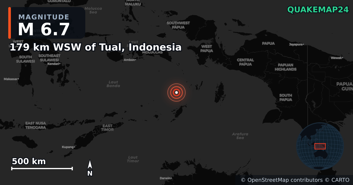 M6.7 earthquake near 179 km WSW of Tual, Indonesia on Jul 14, 2025 — map of epicenter and shaking intensity | QuakeMap24