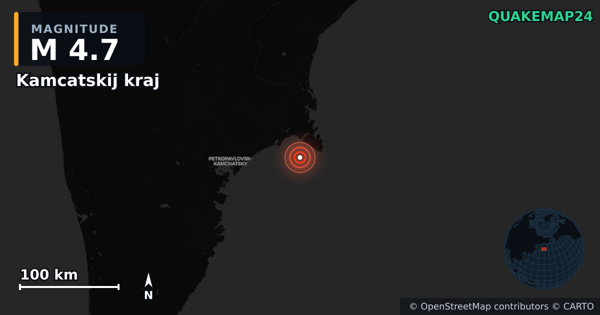M4.7 earthquake near Kamcatskij kraj on Jan 10, 2026 — map of epicenter and shaking intensity | QuakeMap24