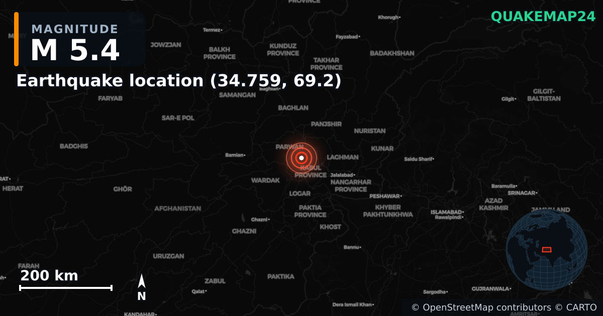 M5.4 earthquake near Τοποθεσία σεισμού (34.759, 69.2) on Aug 1, 2025 — map of epicenter and shaking intensity | QuakeMap24
