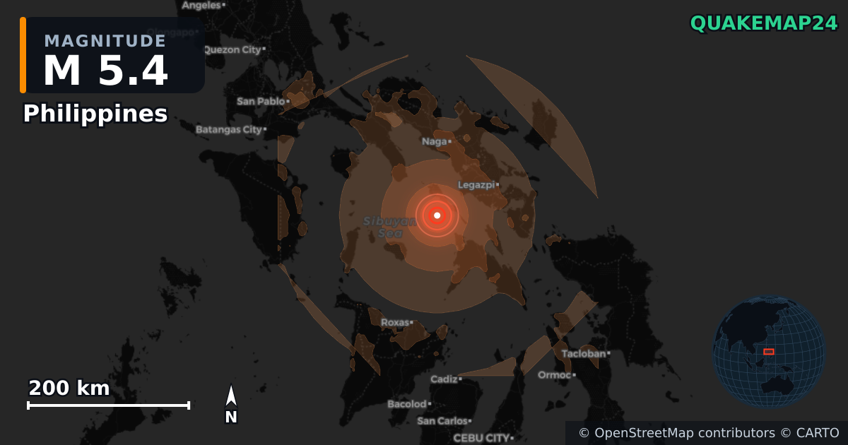M5.4 earthquake near Philippines on Jul 13, 2026 — map of epicenter and shaking intensity | QuakeMap24