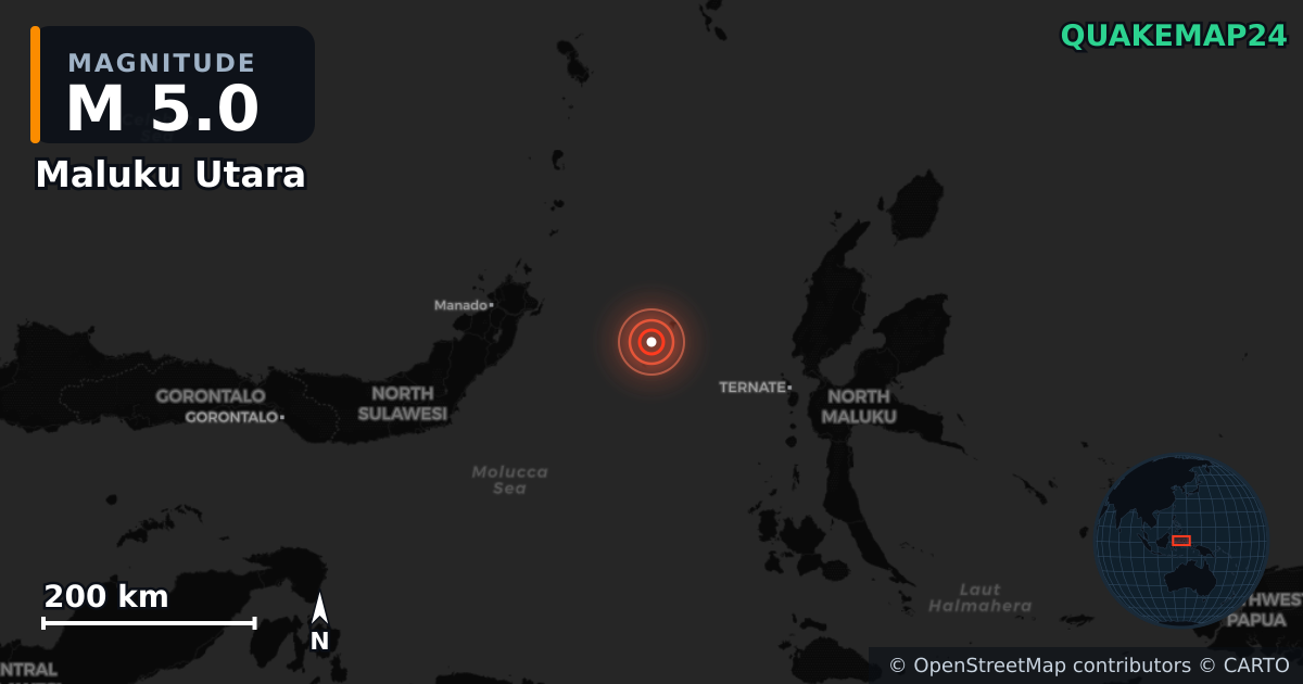 M5.0 earthquake near Maluku Utara on Apr 7, 2026 — map of epicenter and shaking intensity | QuakeMap24