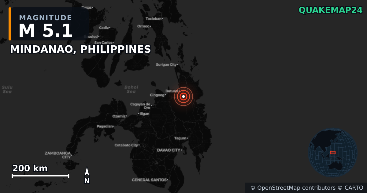Σεισμός M5,1 κοντά στο MINDANAO, PHILIPPINES — Χάρτης της θέσης του επικέντρου