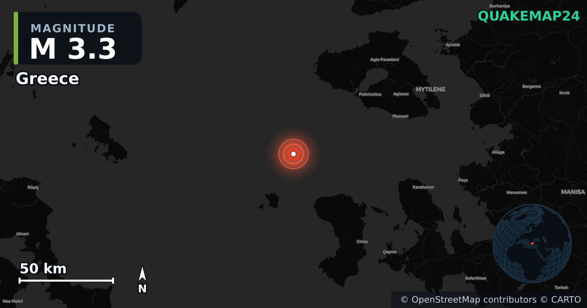 M3.3 earthquake near Greece on Aug 14, 2026 — map of epicenter and shaking intensity | QuakeMap24