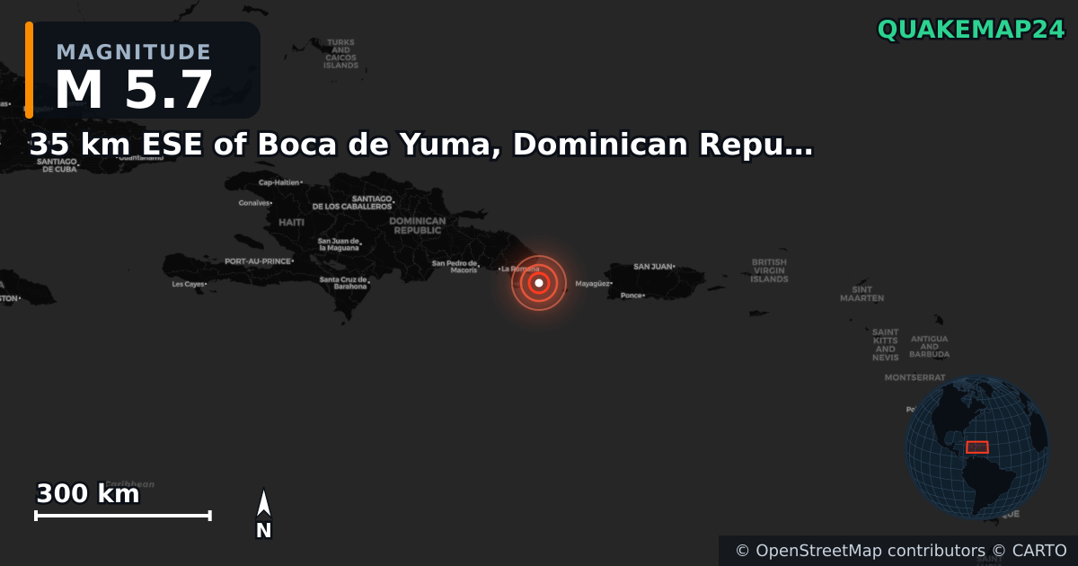 M5.7 earthquake near 35 km ESE of Boca de Yuma, Dominican Republic on Aug 5, 2025 — map of epicenter and shaking intensity | QuakeMap24