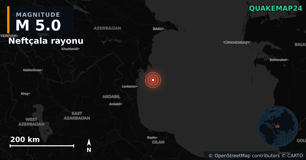 M5.0 earthquake near Neftçala rayonu on Apr 8, 2026 — map of epicenter and shaking intensity | QuakeMap24
