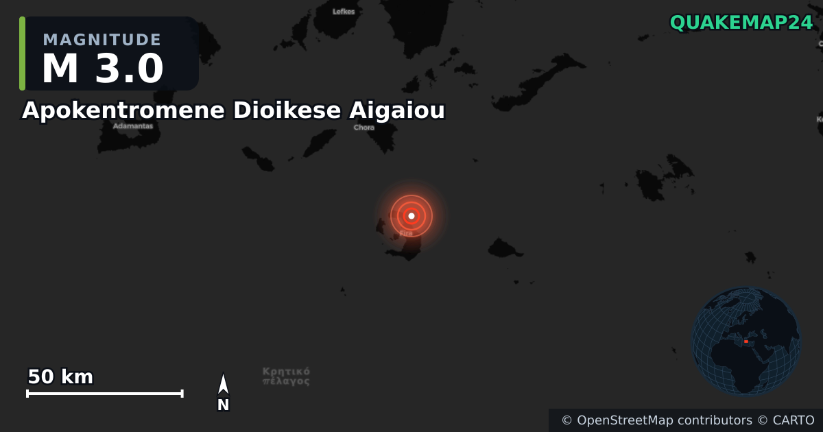 M3.0 earthquake near Apokentromene Dioikese Aigaiou on May 10, 2025 — map of epicenter and shaking intensity | QuakeMap24