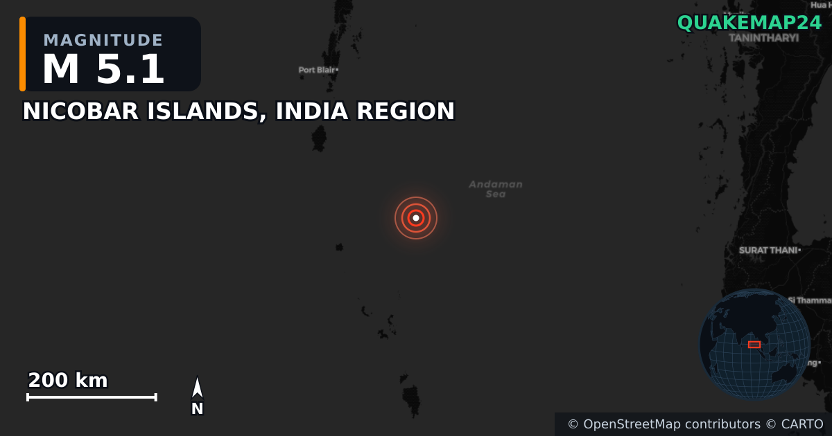 NICOBAR ISLANDS, INDIA REGION yakınında M5,1 deprem · 2025-07-07 — Deprem merkez üssünün konumunu gösteren harita