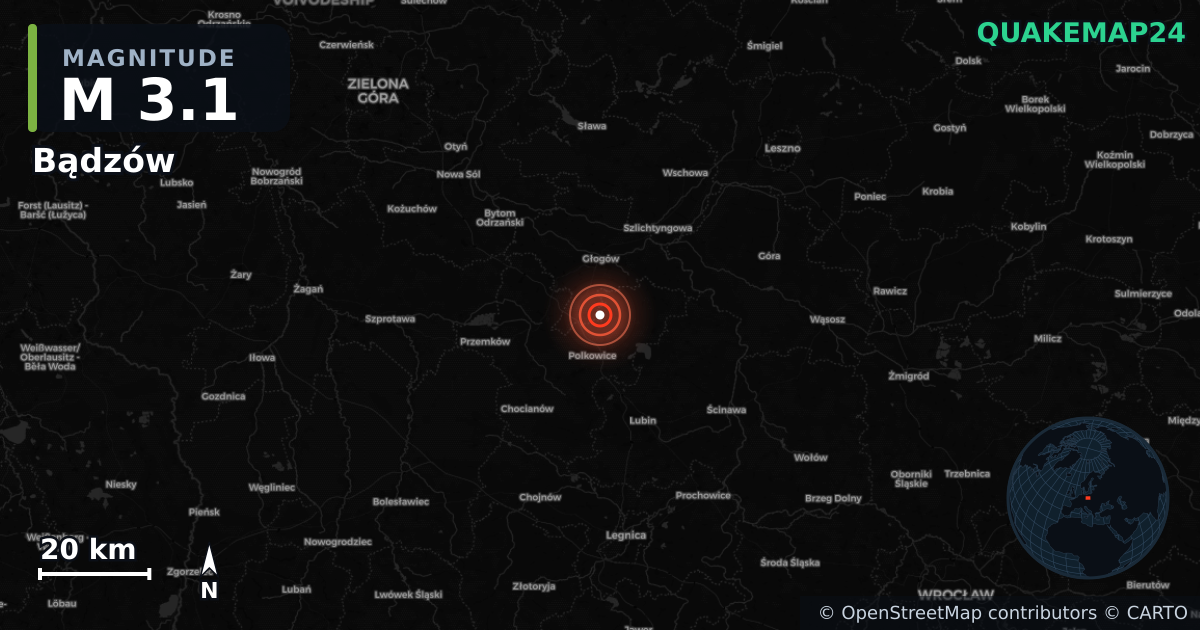 M3.1 earthquake near Bądzów on Aug 12, 2026 — map of epicenter and shaking intensity | QuakeMap24