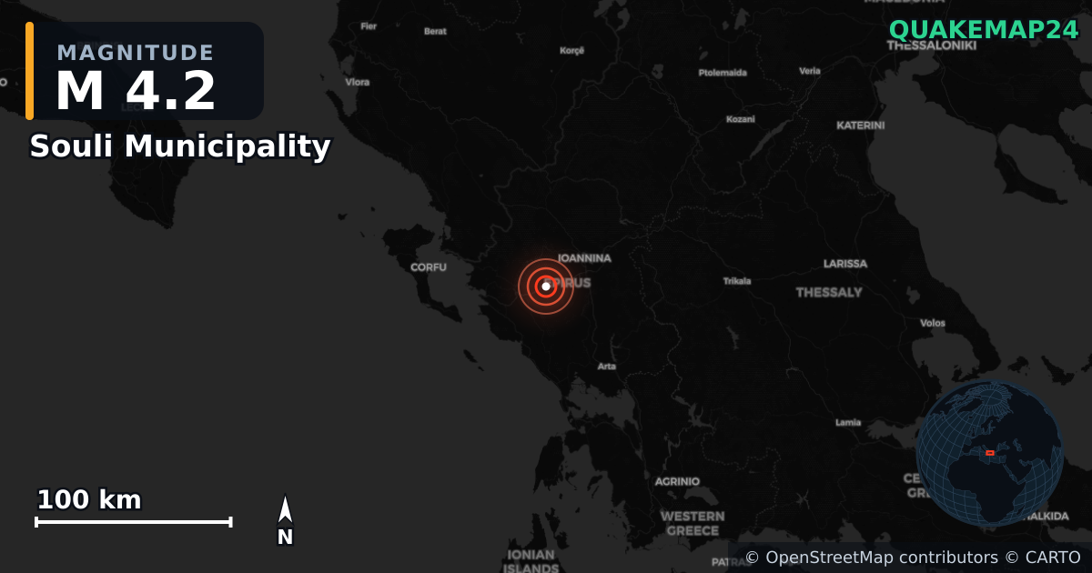 Erdbeben M4,2 bei Souli Municipality, Epirus (Griechenland) · 2026-06-20 — Karte der Lage des Epizentrums