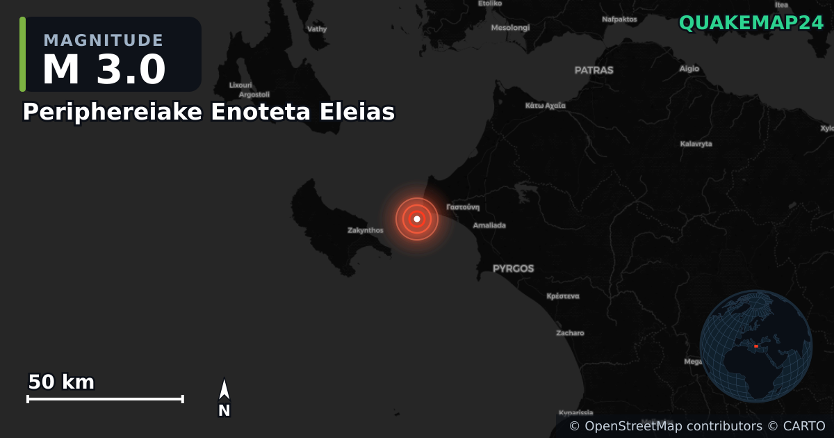 M3.0 earthquake near Periphereiake Enoteta Eleias on Jan 14, 2026 — map of epicenter and shaking intensity | QuakeMap24