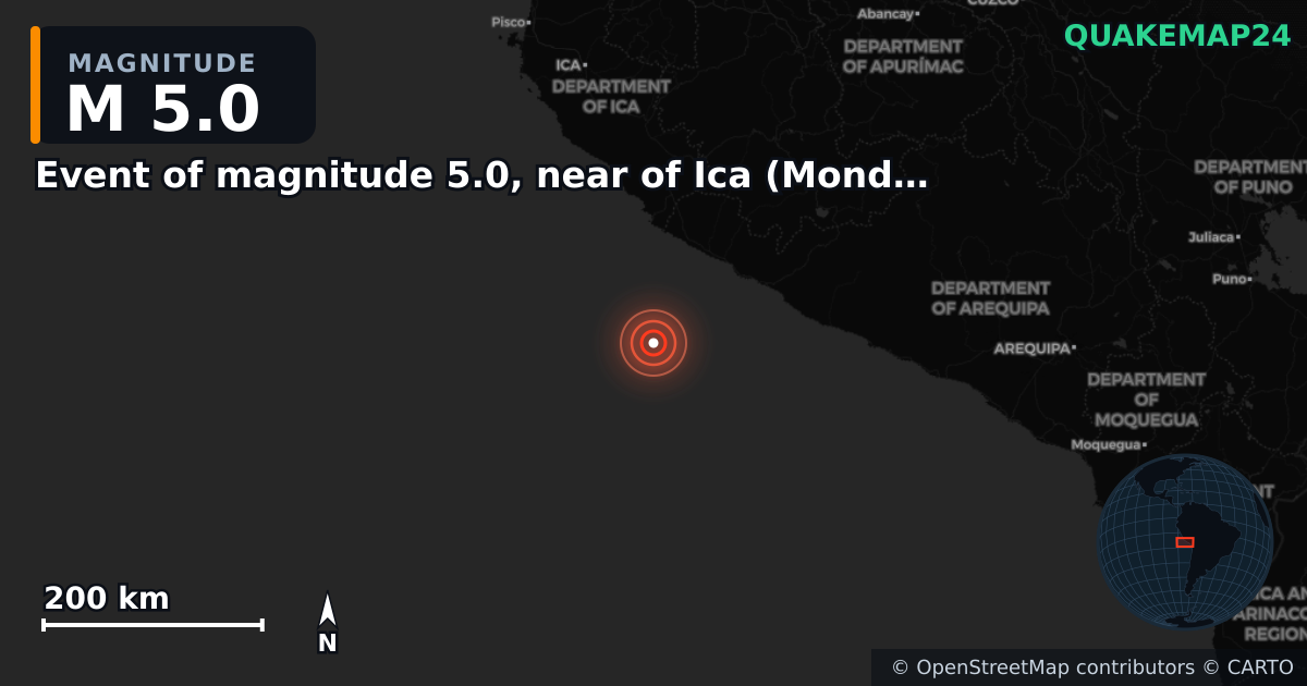 M5.0 earthquake near Event of magnitude 5.0, near of Ica (Monde) on Sep 15, 2025 — map of epicenter and shaking intensity | QuakeMap24