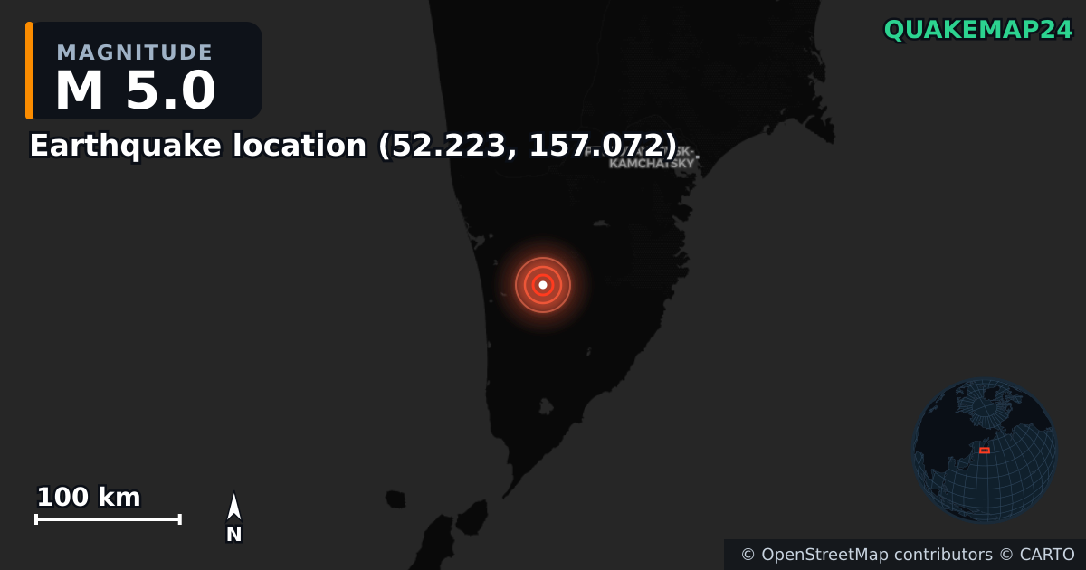 M5.0 earthquake near Deprem konumu (52.223, 157.072) on Aug 29, 2025 — map of epicenter and shaking intensity | QuakeMap24