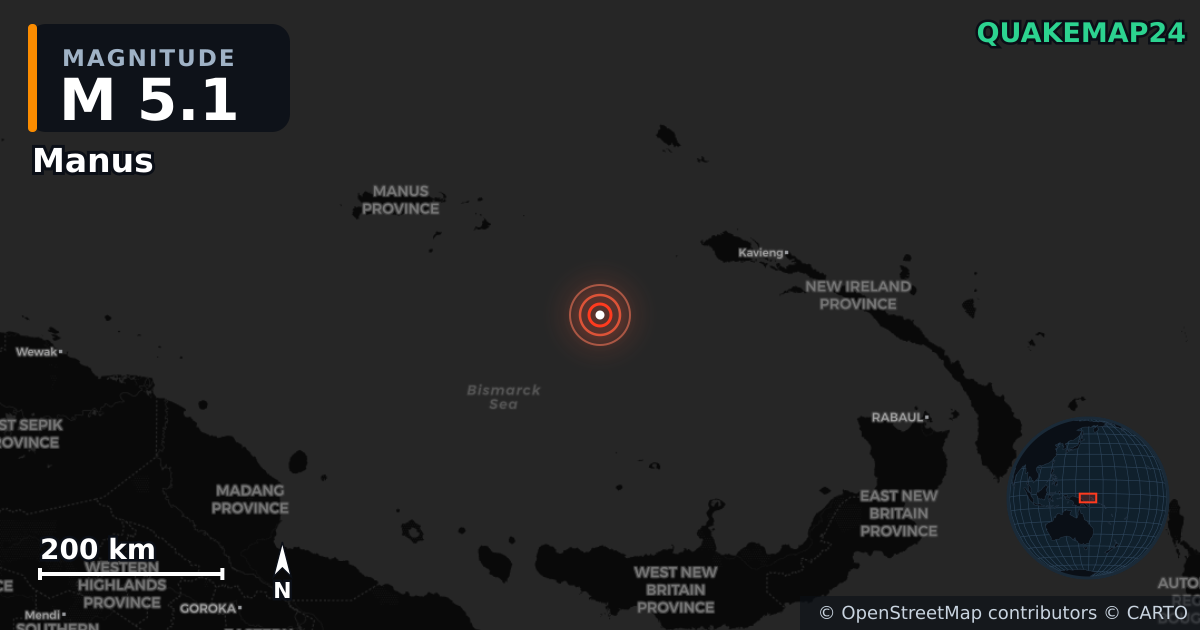 M5.1 earthquake near Manus on Oct 10, 2025 — map of epicenter and shaking intensity | QuakeMap24