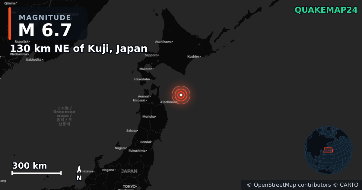 M6.7 earthquake near 130 km NE of Kuji, Japan on Dec 12, 2025 — map of epicenter and shaking intensity | QuakeMap24