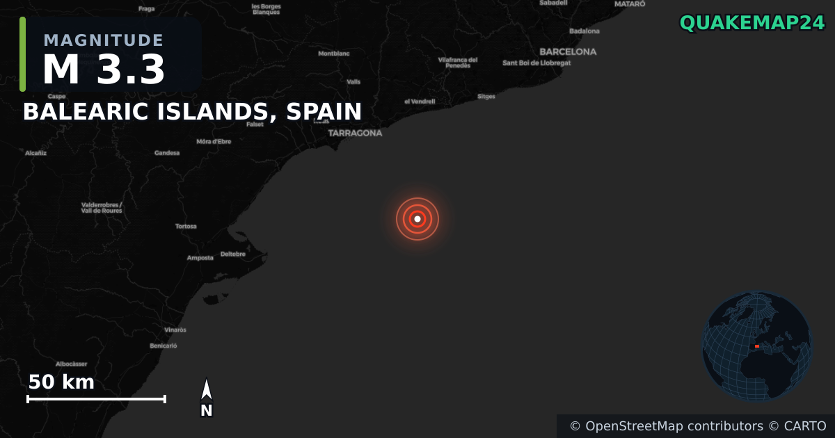 BALEARIC ISLANDS, SPAIN yakınında M3,3 deprem · 2026-10-03 — Deprem merkez üssünün konumunu gösteren harita