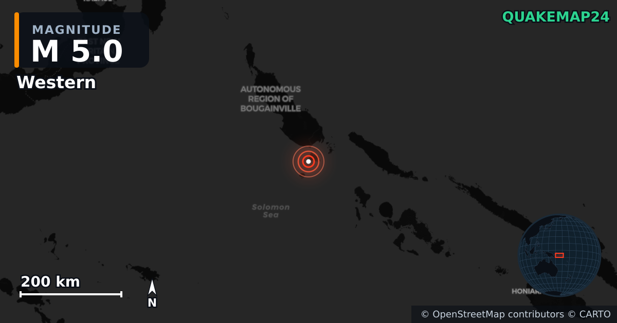 M5.0 earthquake near Western on Jun 7, 2025 — map of epicenter and shaking intensity | QuakeMap24