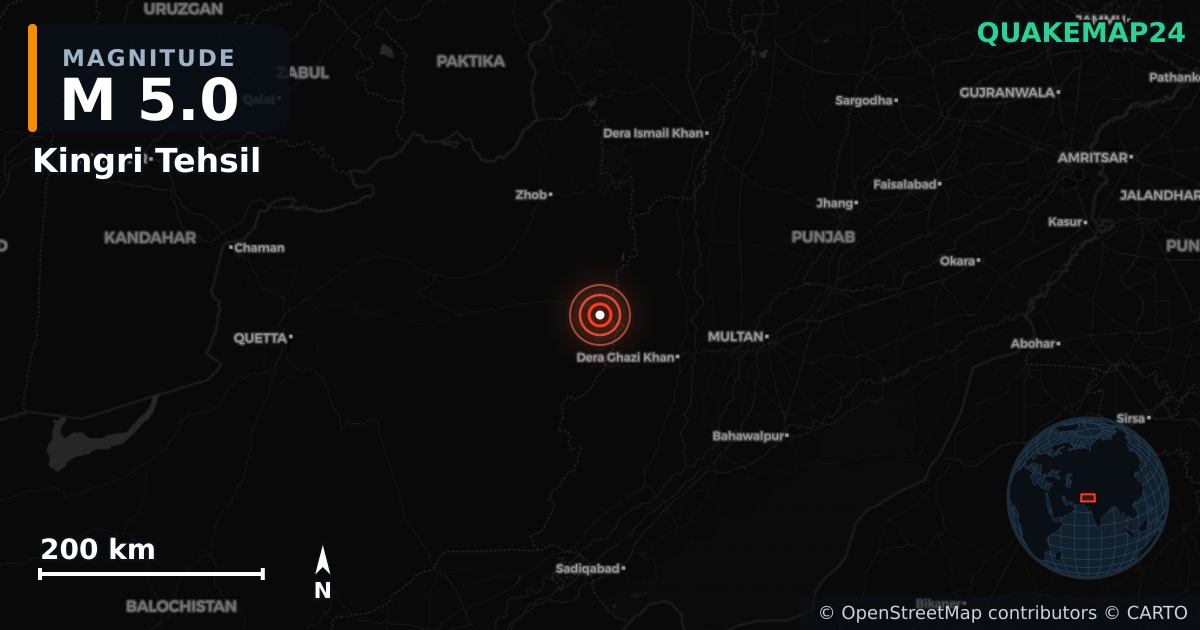 M5.0 earthquake near Kingri Tehsil on Jun 26, 2026 — map of epicenter and shaking intensity | QuakeMap24