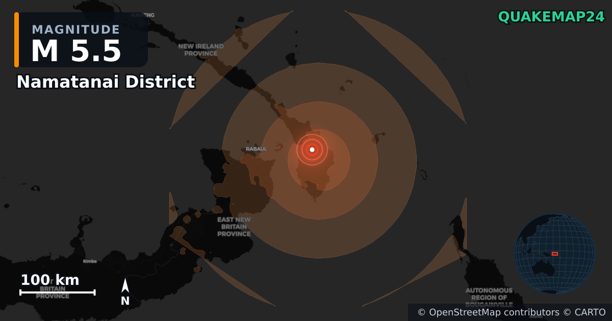 M5.5 earthquake near Namatanai District on Jun 25, 2026 — map of epicenter and shaking intensity | QuakeMap24