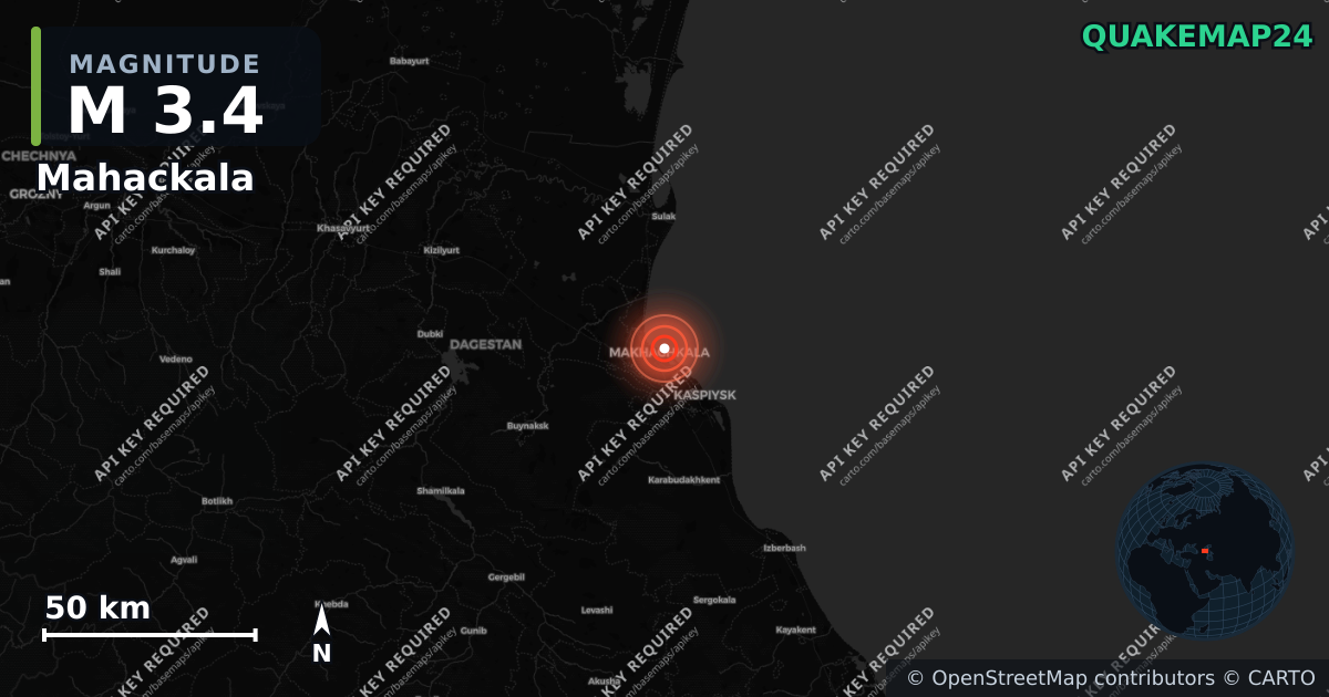 M3.4 earthquake near Mahackala on Apr 30, 2026 — map of epicenter and shaking intensity | QuakeMap24