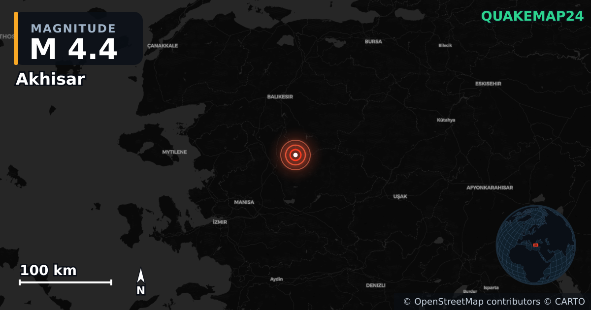 M4.4 earthquake near Akhisar on Aug 11, 2025 — map of epicenter and shaking intensity | QuakeMap24