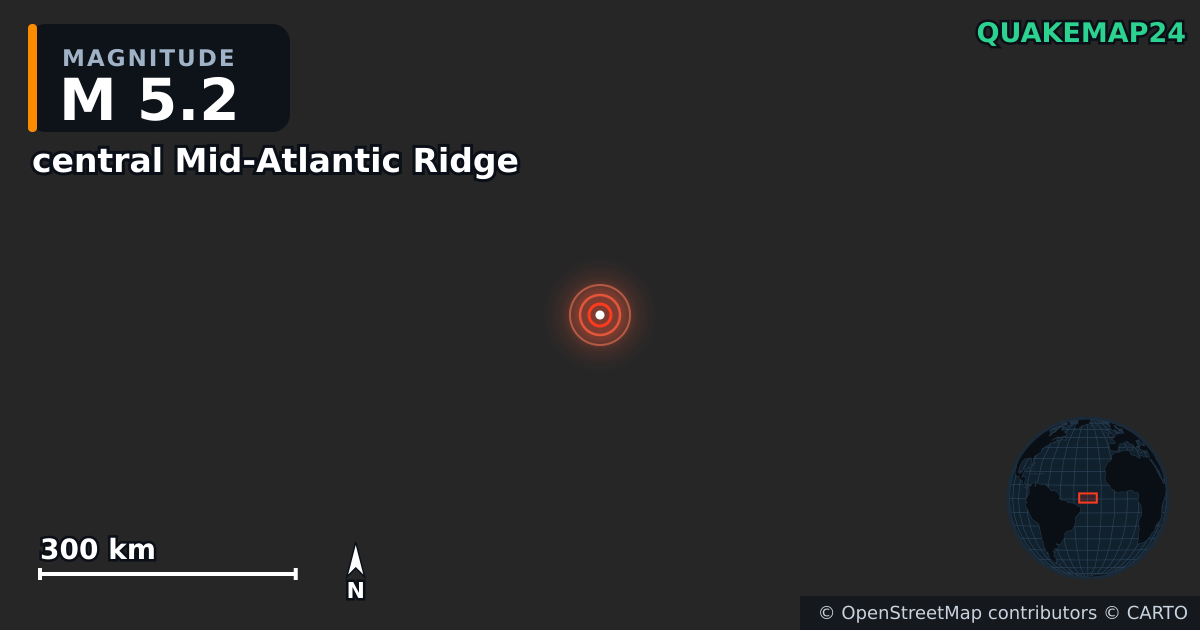 M5.2 earthquake near central Mid-Atlantic Ridge on Mar 31, 2025 — map of epicenter and shaking intensity | QuakeMap24