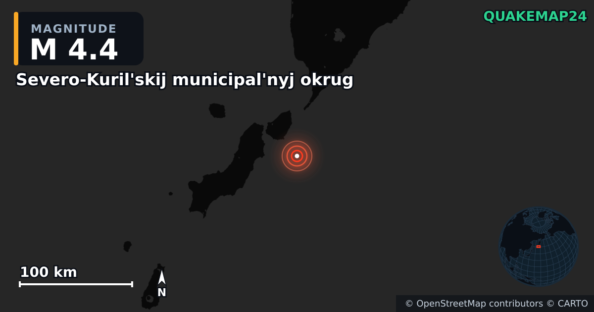 M4.4 earthquake near Severo-Kuril'skij municipal'nyj okrug on Apr 7, 2026 — map of epicenter and shaking intensity | QuakeMap24