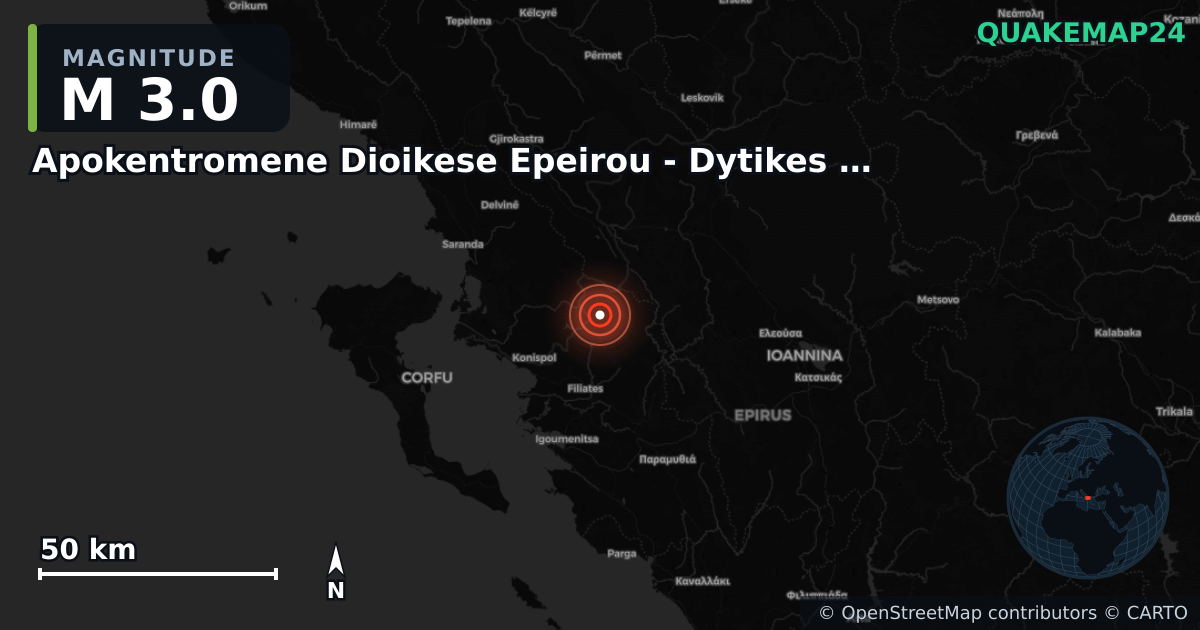 M3.0 earthquake near Apokentromene Dioikese Epeirou - Dytikes Makedonias on Nov 18, 2025 — map of epicenter and shaking intensity | QuakeMap24