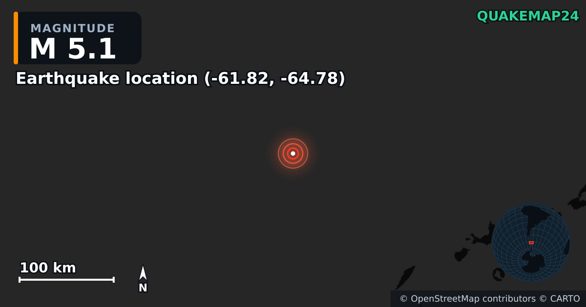 M5.1 earthquake near Deprem konumu (-61.82, -64.78) on Aug 27, 2025 — map of epicenter and shaking intensity | QuakeMap24