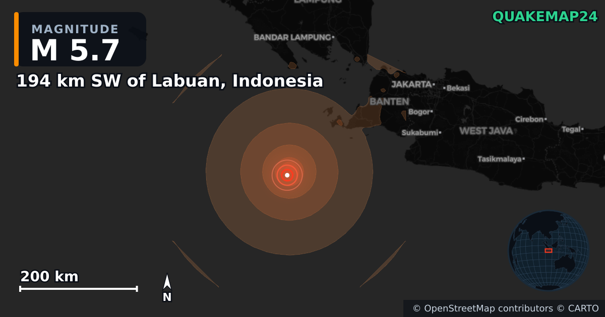Sismo de M5,7 perto de 194 km SW of Labuan, Indonesia — Mapa da localização do epicentro