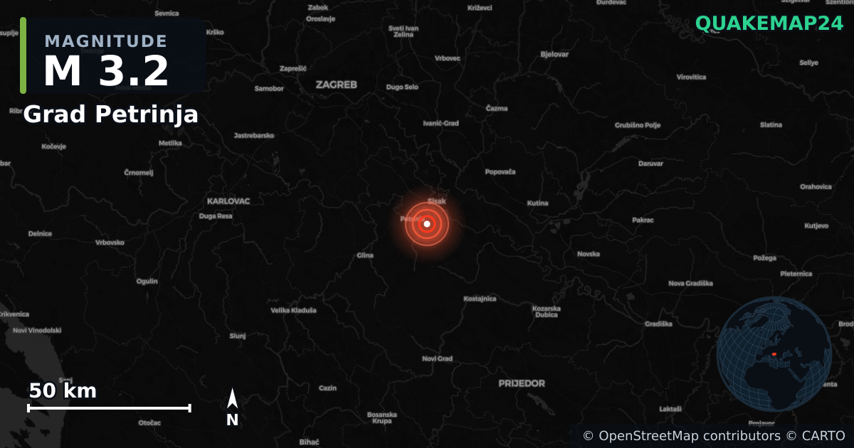 M3.2 earthquake near Grad Petrinja on May 12, 2026 — map of epicenter and shaking intensity | QuakeMap24