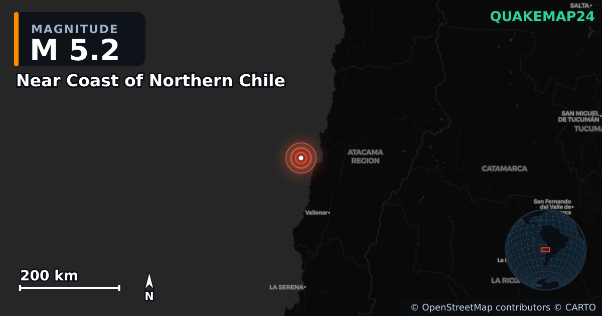 Sismo de M5,2 perto de Near Coast of Northern Chile — Mapa da localização do epicentro