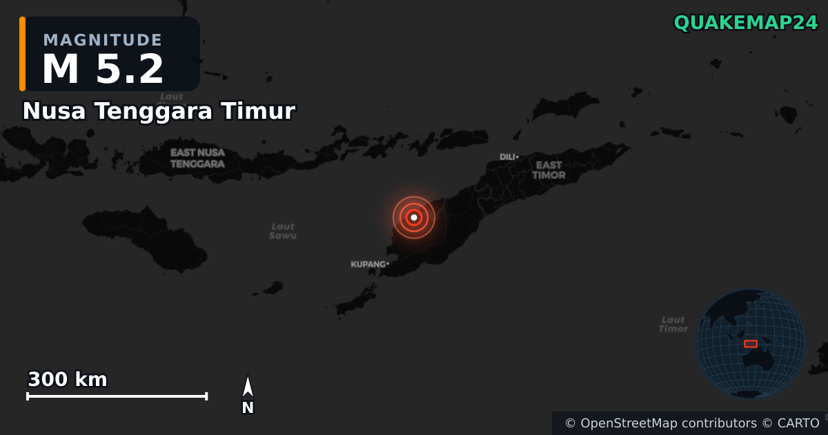 M5.2 earthquake near Nusa Tenggara Timur on May 31, 2025 — map of epicenter and shaking intensity | QuakeMap24