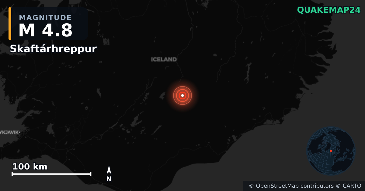 M4.8 earthquake near Skaftárhreppur on Jun 13, 2026 — map of epicenter and shaking intensity | QuakeMap24