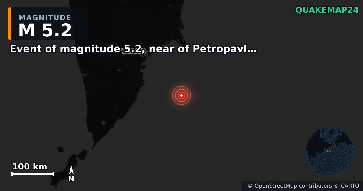 Event of magnitude 5.2, near of Petropavlovsk Kamchatskiy (Monde) yakınında M5,2 deprem — Deprem merkez üssünün konumunu gösteren harita