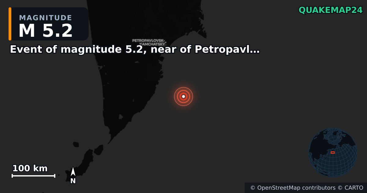 M5.2 earthquake near Event of magnitude 5.2, near of Petropavlovsk Kamchatskiy (Monde) on Sep 11, 2025 — map of epicenter and shaking intensity | QuakeMap24
