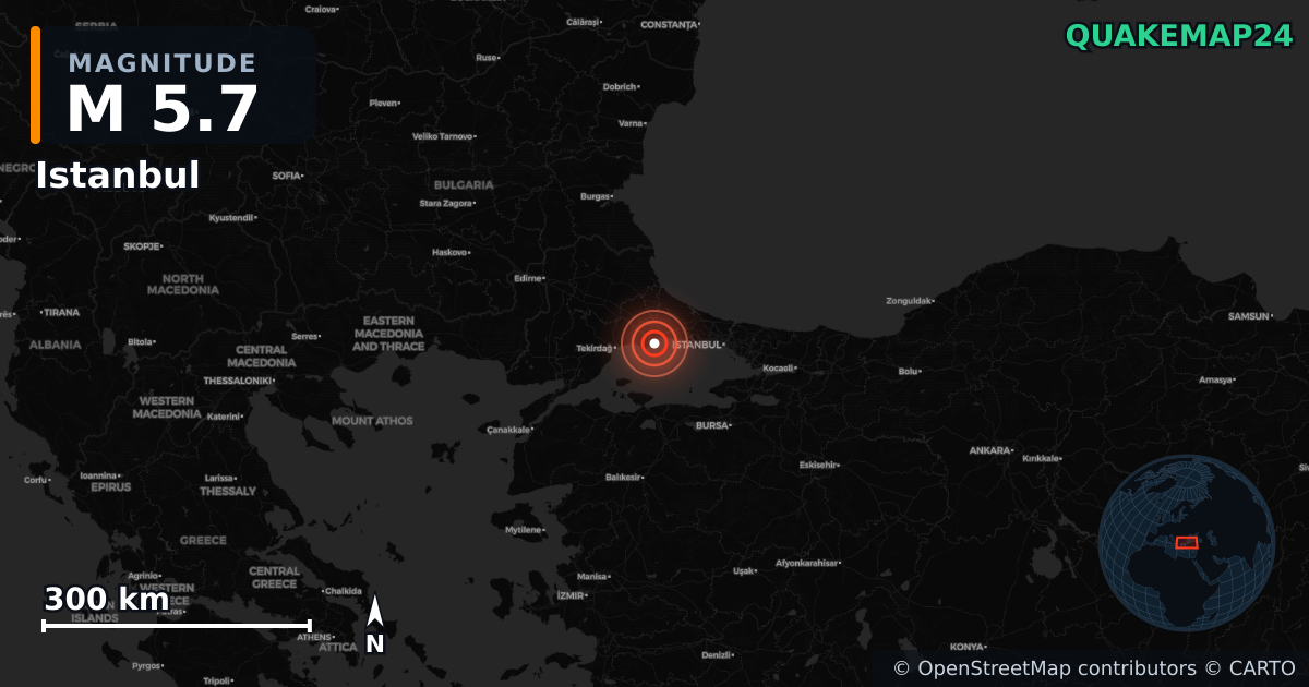 M5.7 earthquake near Istanbul on Apr 23, 2025 — map of epicenter and shaking intensity | QuakeMap24