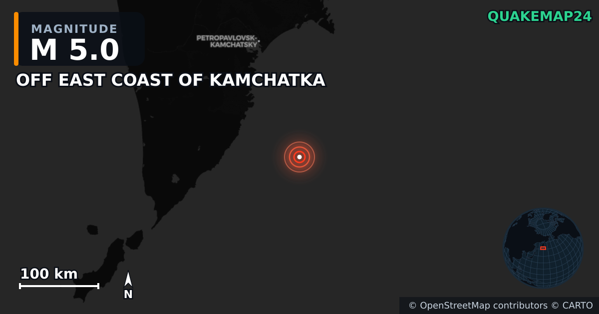 M5.0 earthquake near OFF EAST COAST OF KAMCHATKA on Aug 4, 2025 — map of epicenter and shaking intensity | QuakeMap24