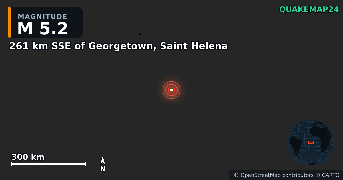 M5.2 Earthquake near 261 km SSE of Georgetown, Saint Helena · 2026-01-20 — Map showing the location of the epicenter