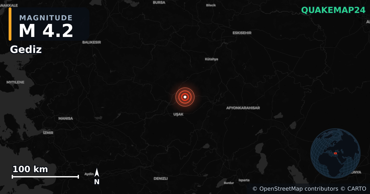 M4.2 earthquake near Gediz on Sep 5, 2025 — map of epicenter and shaking intensity | QuakeMap24