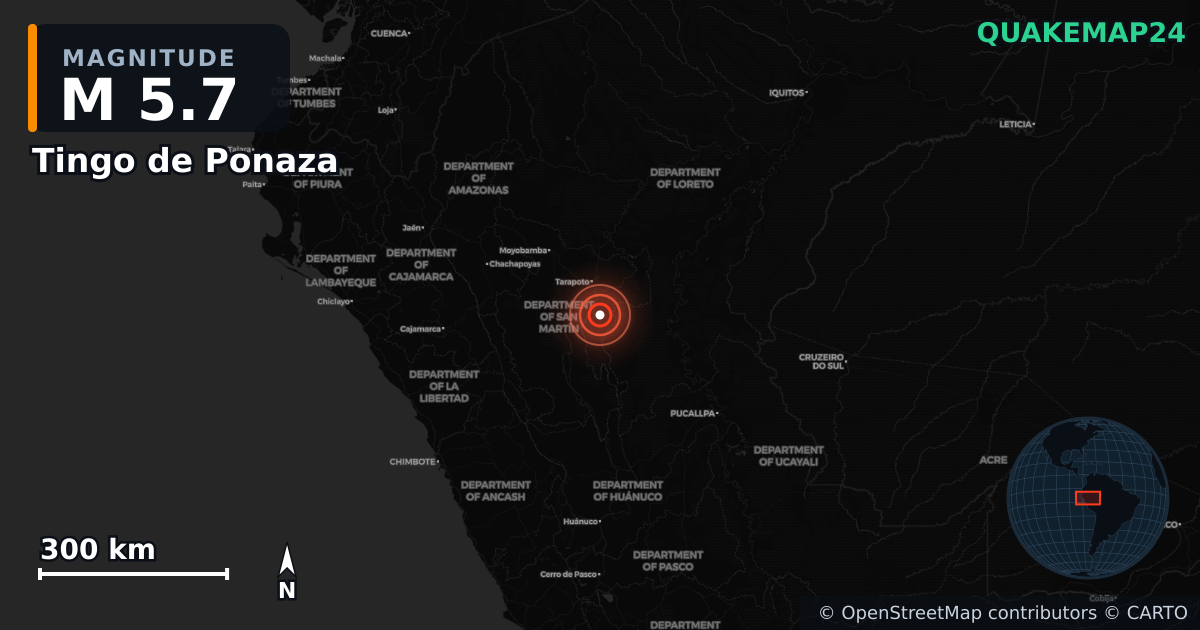 M5.7 earthquake near Tingo de Ponaza on Apr 1, 2026 — map of epicenter and shaking intensity | QuakeMap24
