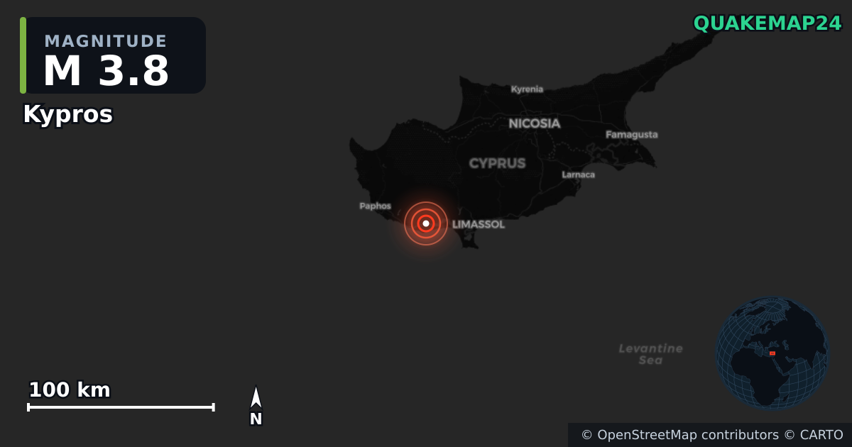M3.8 earthquake near Kypros on Nov 12, 2025 — map of epicenter and shaking intensity | QuakeMap24